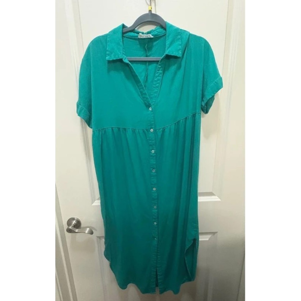 New In Shirt Dress M Teal Excellent Button Front Short Sleeve Collared Midi